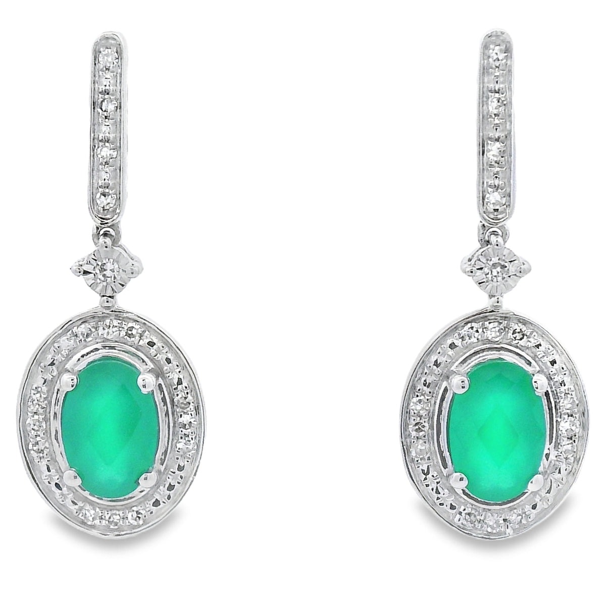 Pendientes colgantes de calcedonia y diamantes en oro blanco de 10 quilates