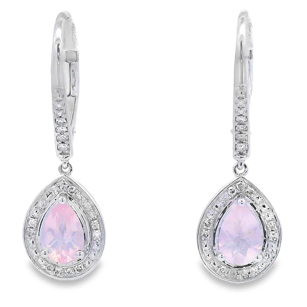 Aretes Colgantes de Cuarzo Rosa y Oro Blanco de 10KT