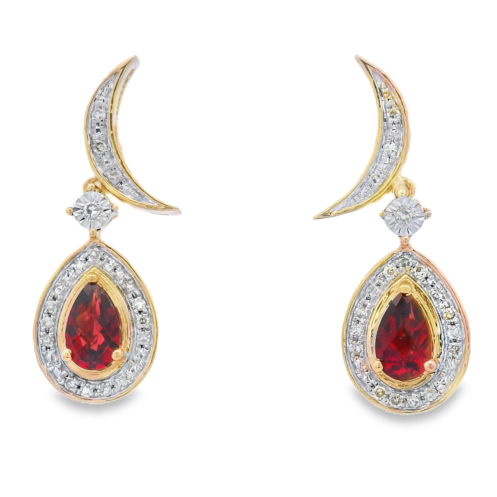 Pendientes colgantes de oro amarillo de 10 KT con diamante y granate de 0,62 ct