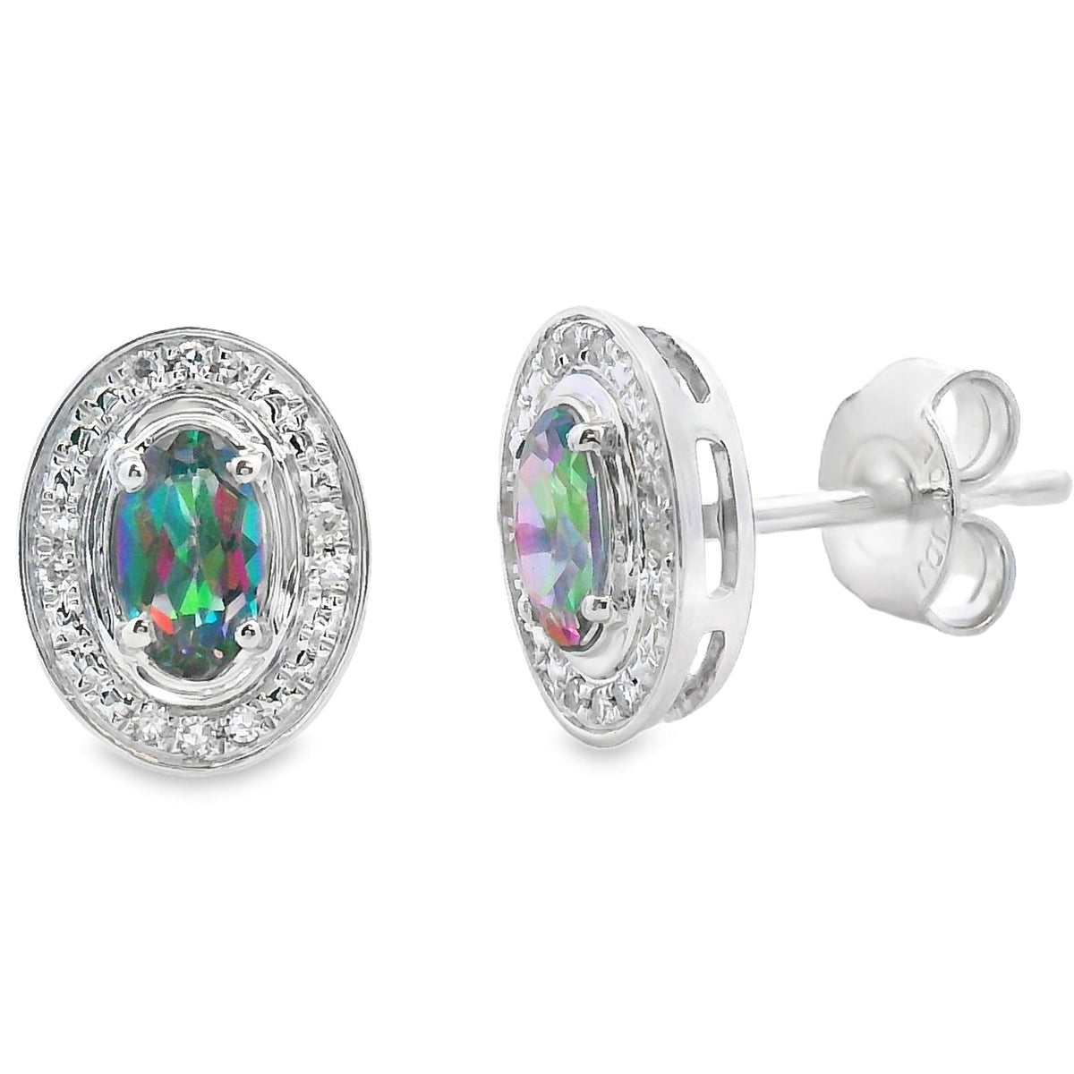 Pendientes de topacio místico de fuego con diamantes de oro blanco de 10 kt