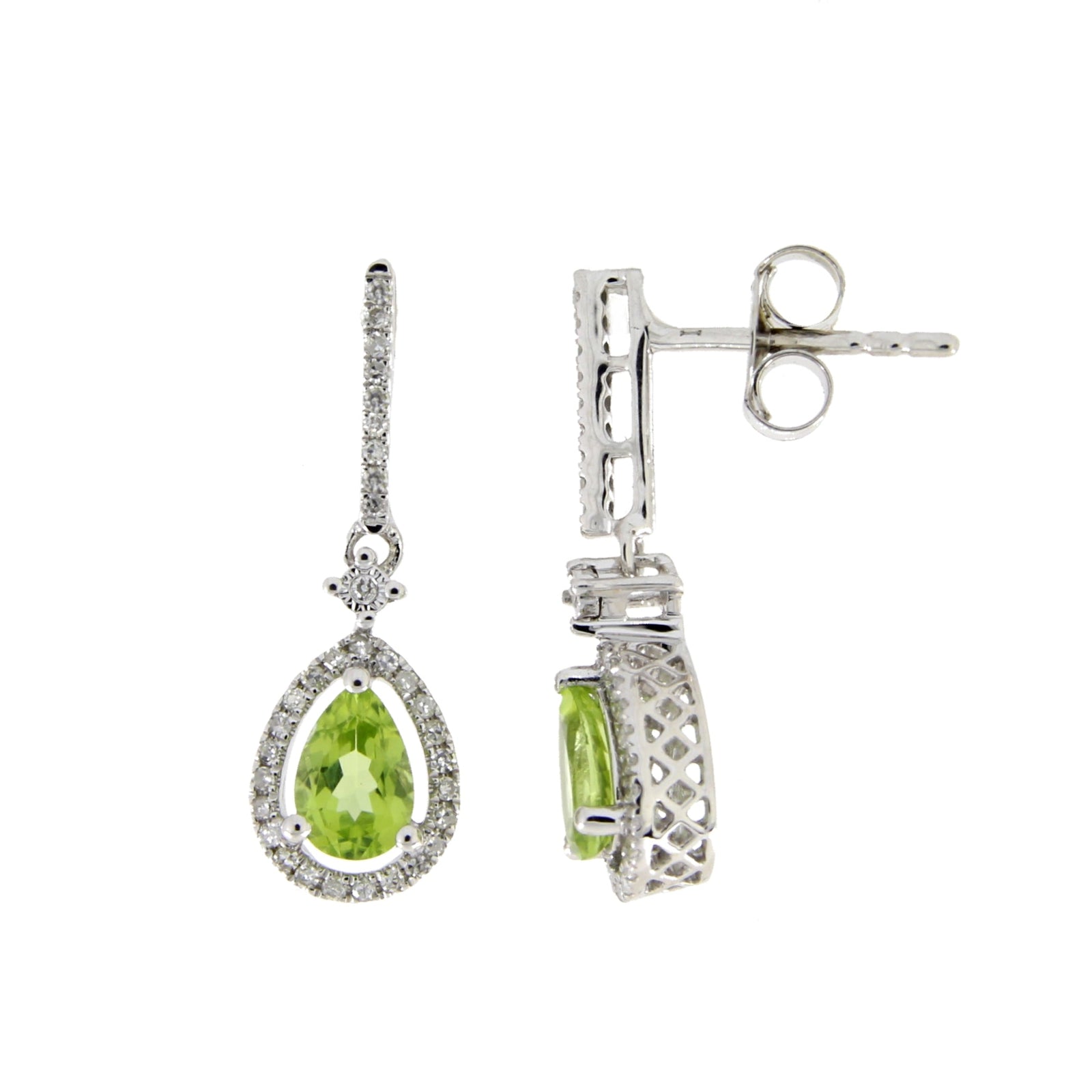 Pendientes colgantes de peridoto y diamante de 1,10 ct en oro blanco de 14 kt