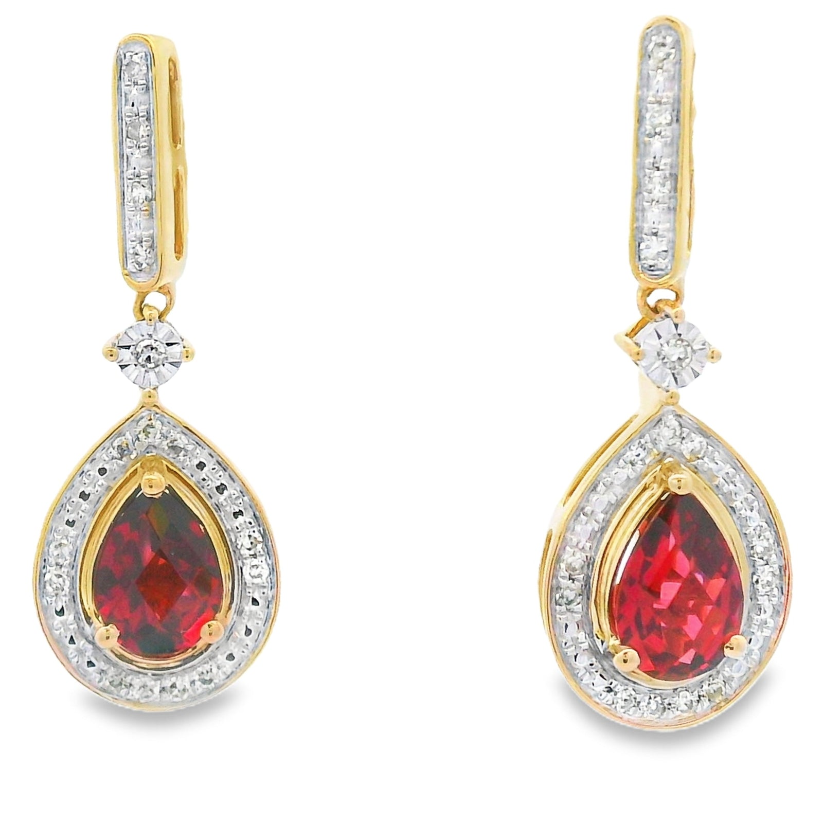 Pendientes colgantes de granate y diamante de 1,06 ct en oro amarillo de 10 KT