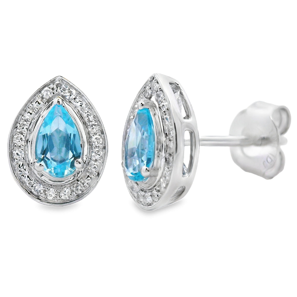 Pendientes de botón de topacio azul y diamantes de 0,57 ct en oro blanco de 10 qt