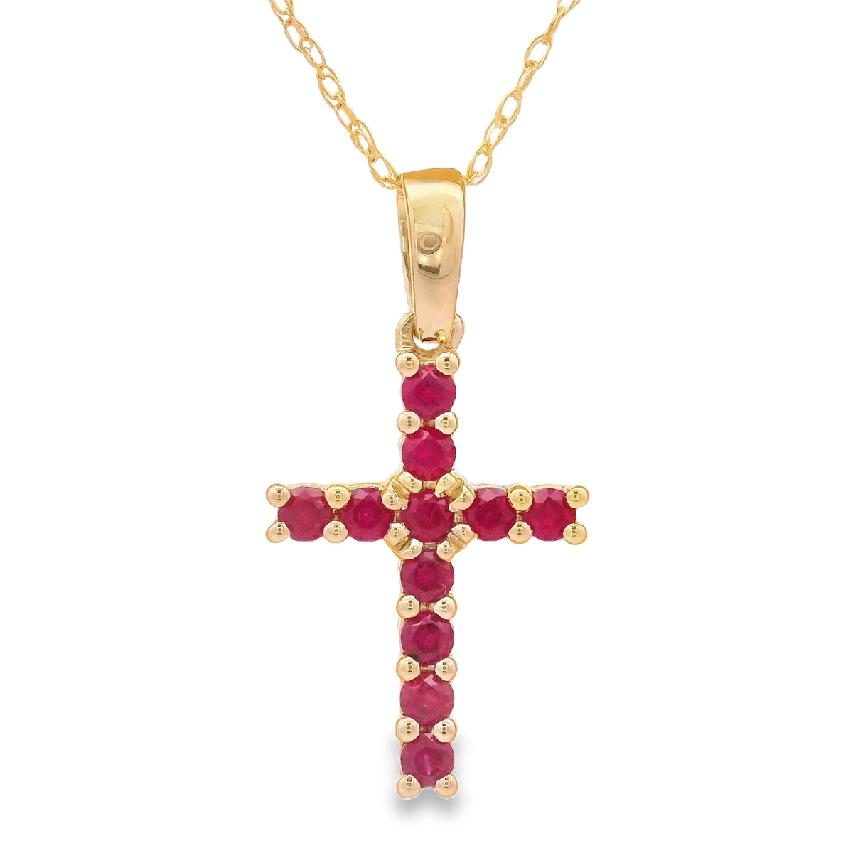 Colgante religioso de cruz con rubí de 0.29ct en oro amarillo de 14KT