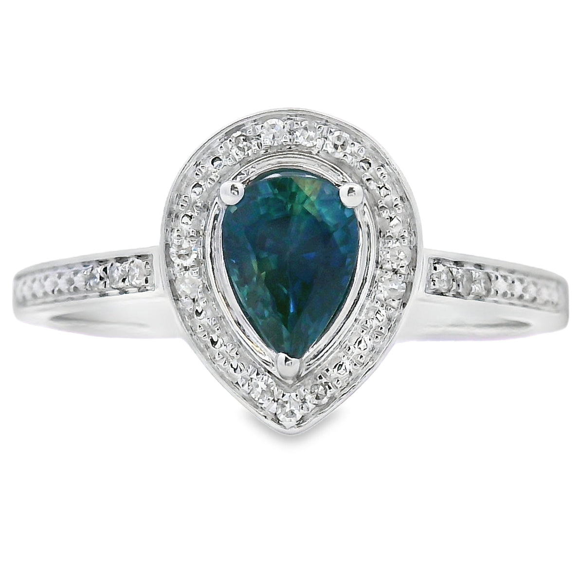 Auténtico anillo de oro blanco de 10 kt con zafiro y diamantes de 0,54 ct