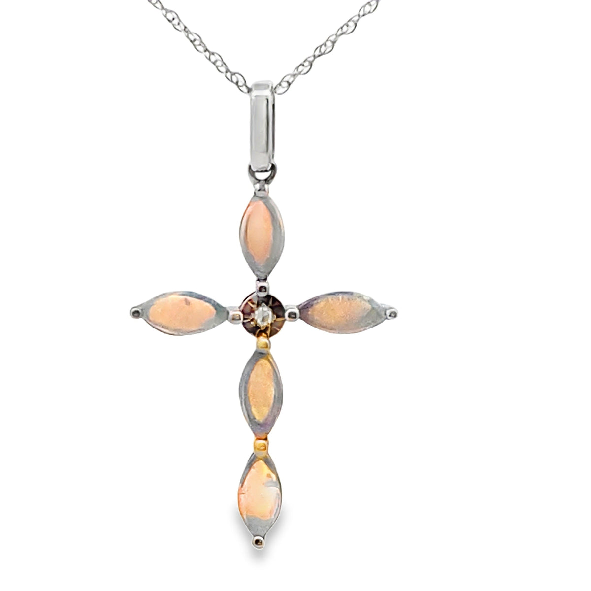 Colgante Religioso Cruz de Opalo y Diamantes Oro Blanco de 10KT