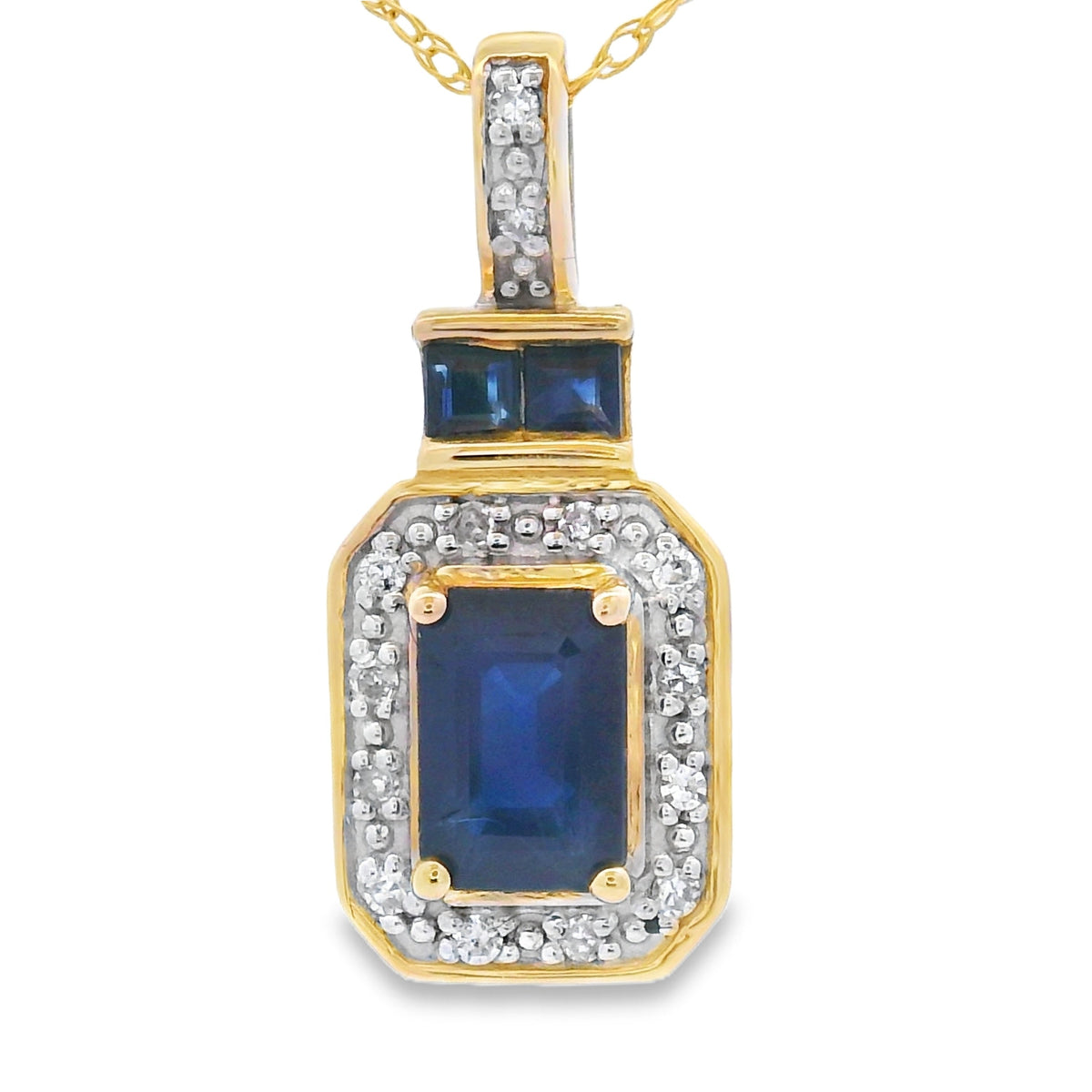 Colgantes de moda de zafiro y diamantes de oro amarillo de 14 quilates