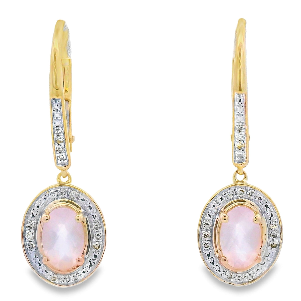 Pendientes Colgantes de Cuarzo Rosa y Diamantes Oro Amarillo de 10KT