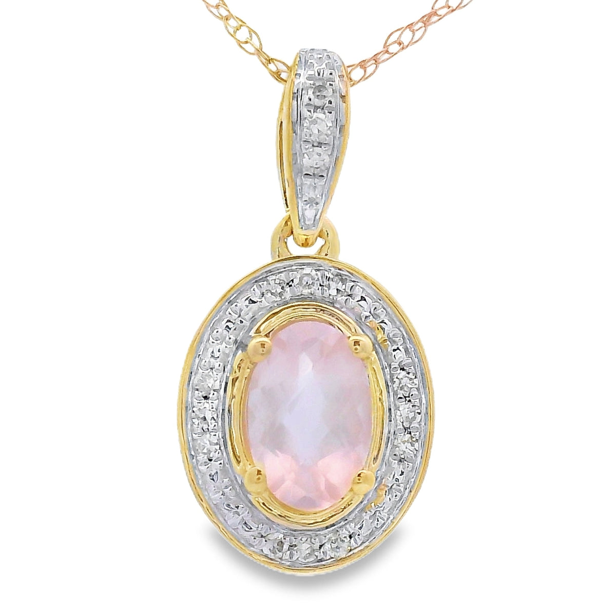 Colgantes de moda de diamante y cuarzo rosa en oro amarillo de 10 KT