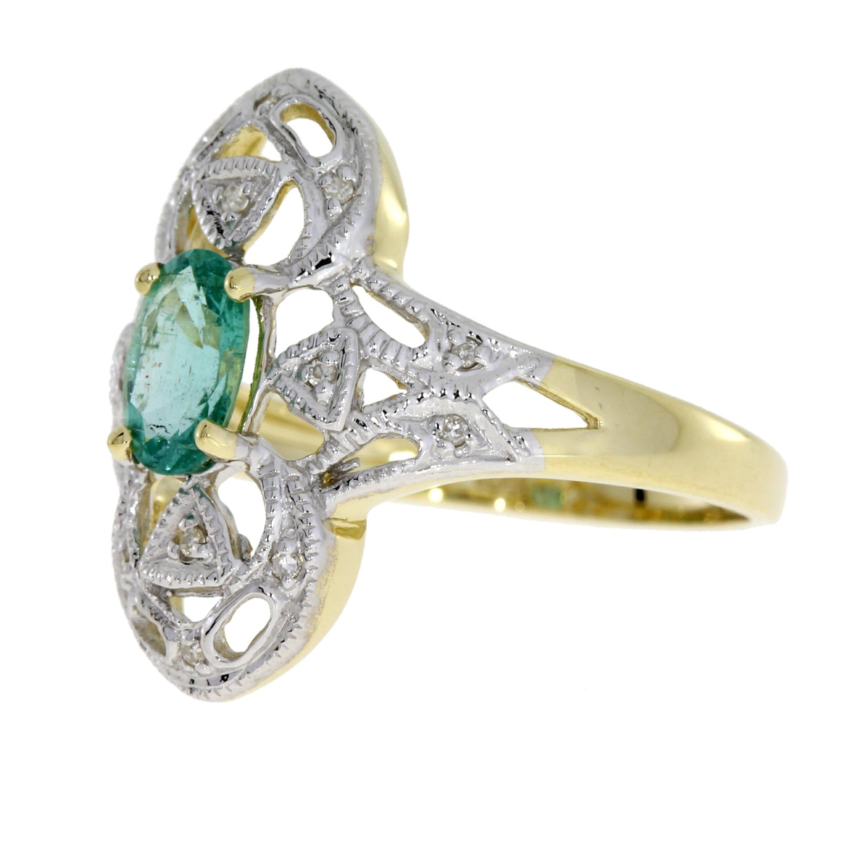 Anillo de oro amarillo de 10 qt con esmeralda y diamantes naturales de 0,70 ct