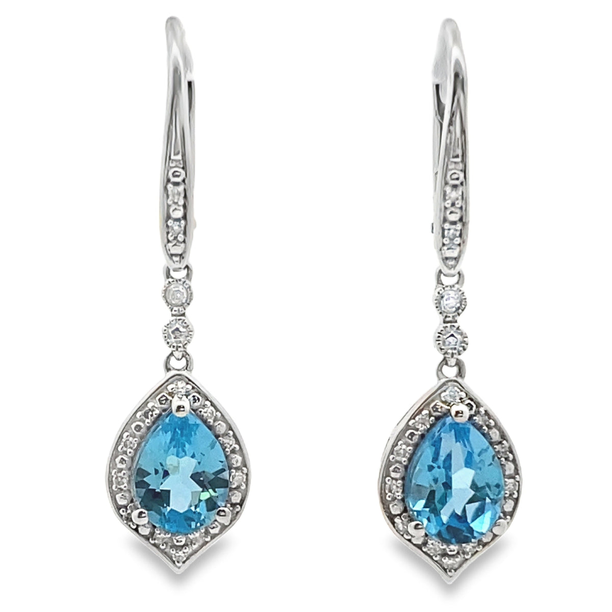 Pendientes Colgantes de Diamantes y Topacio Azul Oro Blanco 10KT