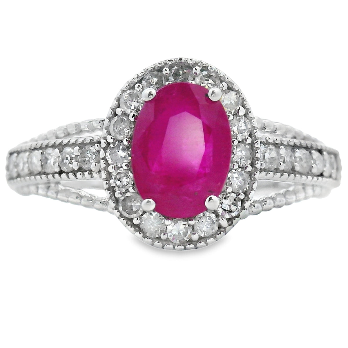 Anillo de oro blanco de 14 KT con rubí y diamantes, genuino de 1.35 qt