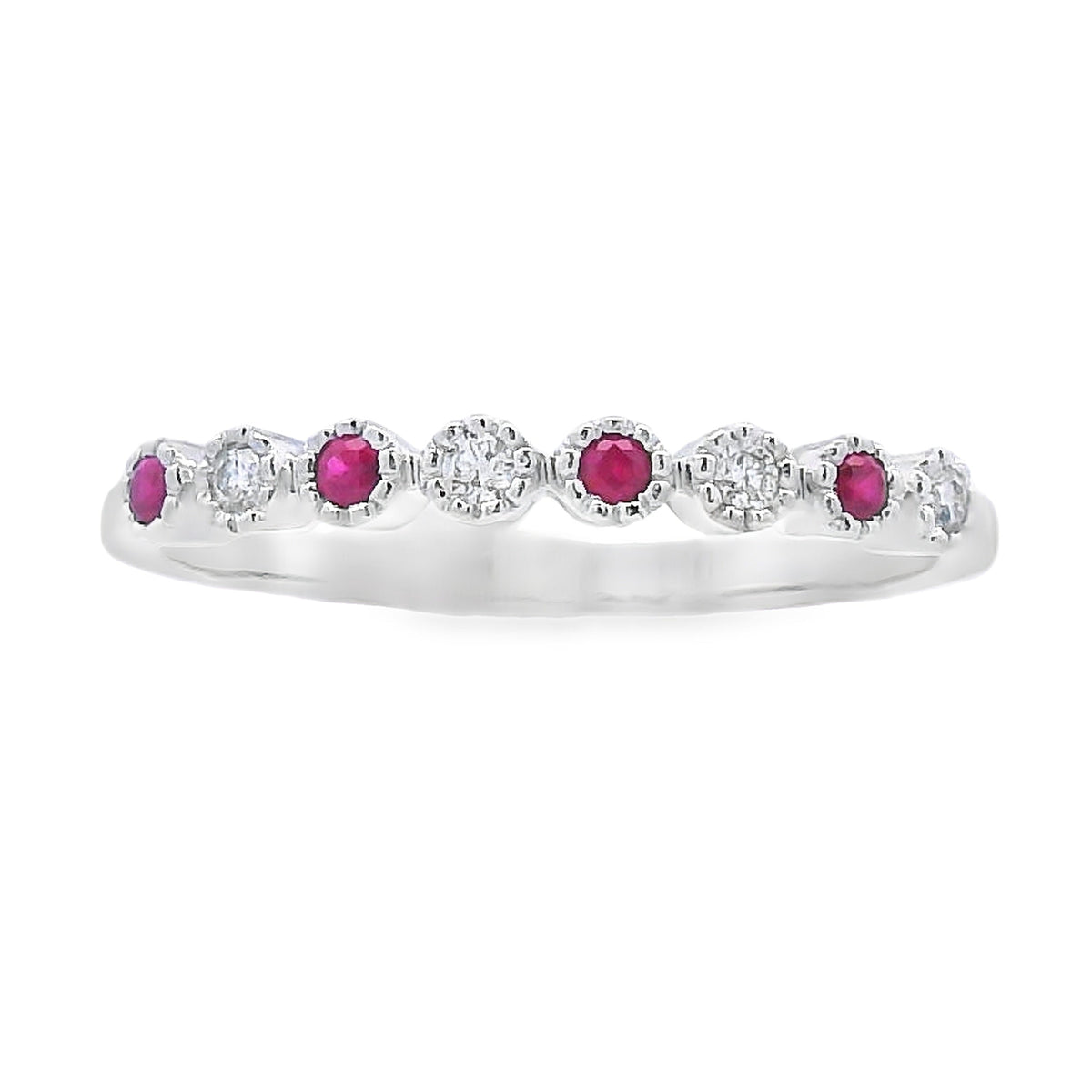 Anillo apilable de diamantes y rubíes de .14 qt. de oro blanco de 14 kt.