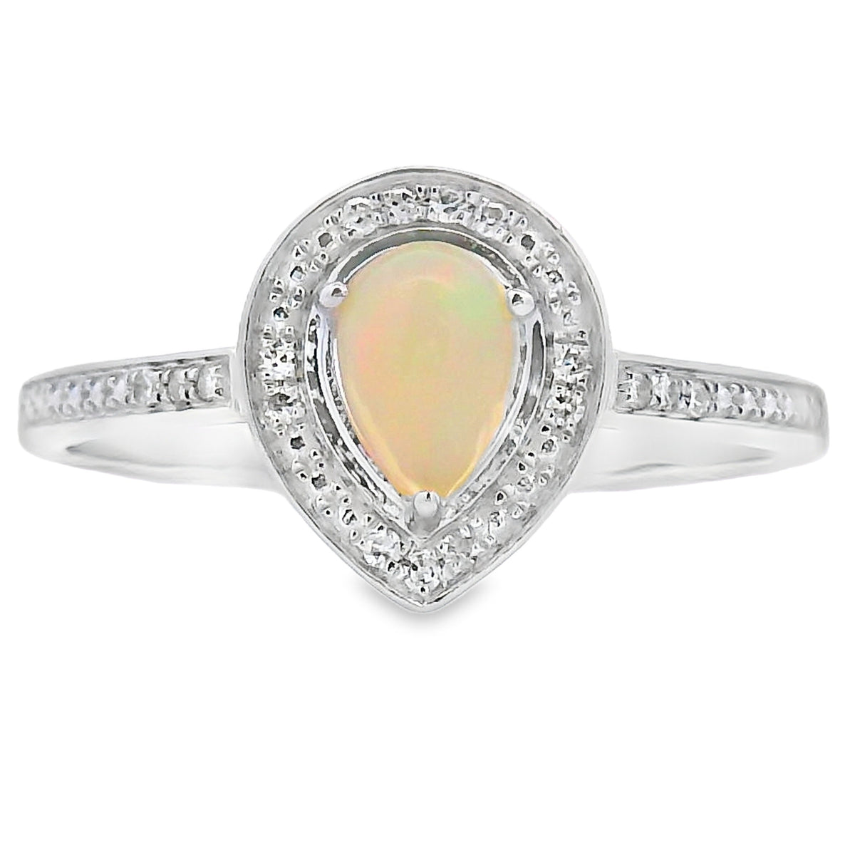 Anillo de oro blanco de 10 qt con ópalo y diamantes de 0,30 qt genuino