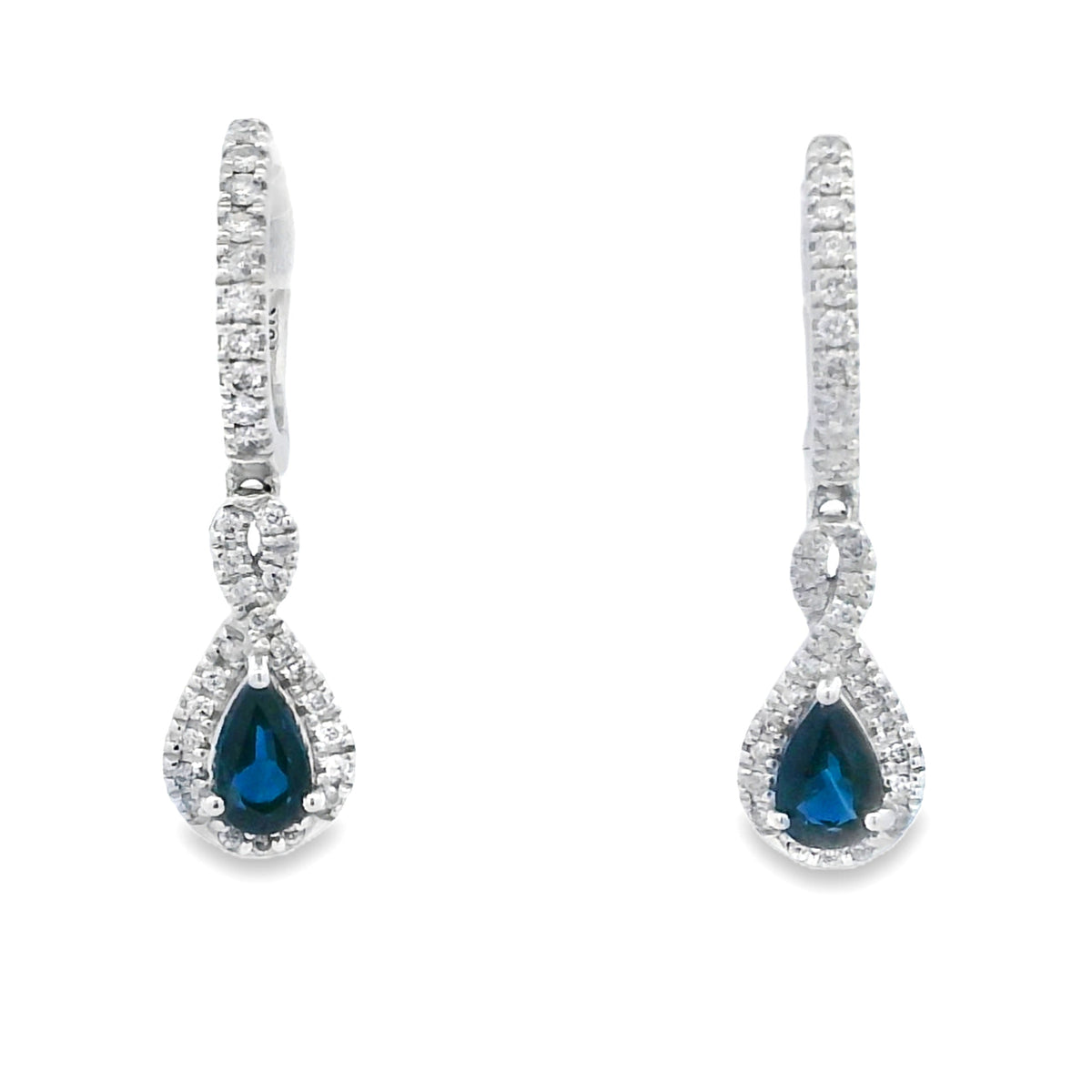 Pendientes Colgantes de Zafiro y Diamantes de .80 ct en Oro Blanco de 10 qt