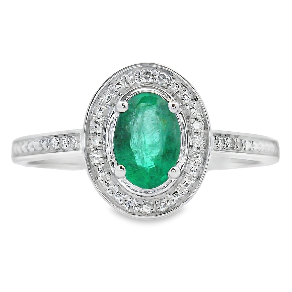 Anillo de diamante de esmeralda auténtica de .49 ct en oro blanco de 10 qt