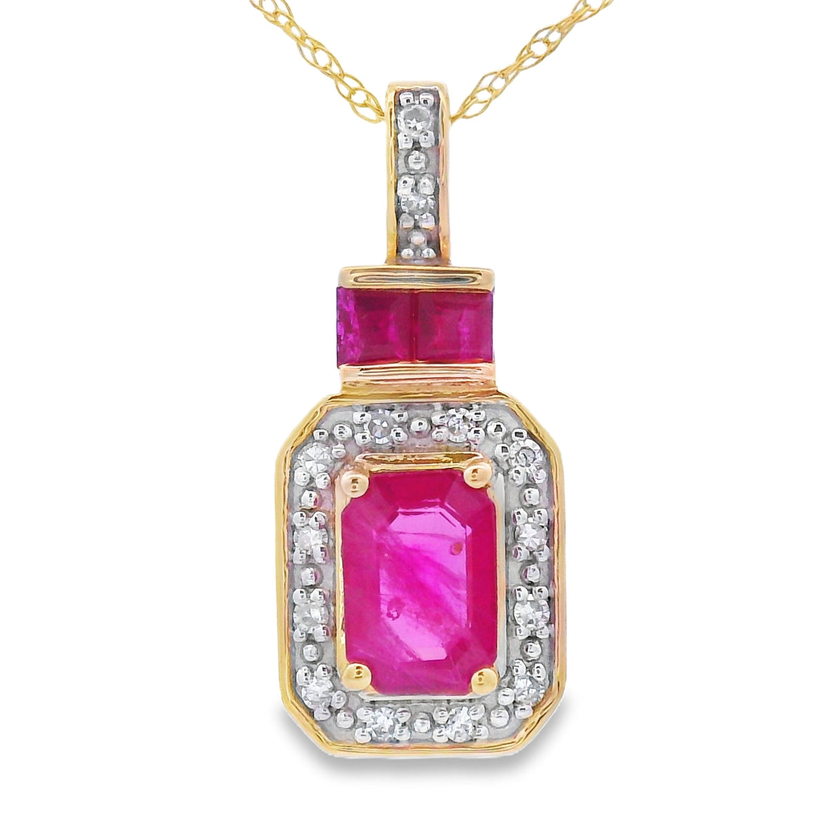 Colgantes de moda de rubí y diamantes de .82ct en oro amarillo de 14kt