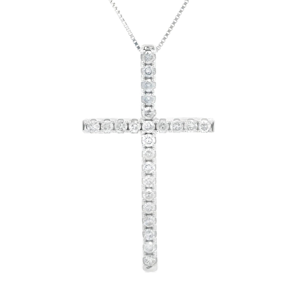 Colgante de cruz religiosa con diamante de .38 ct en oro blanco de 14 K