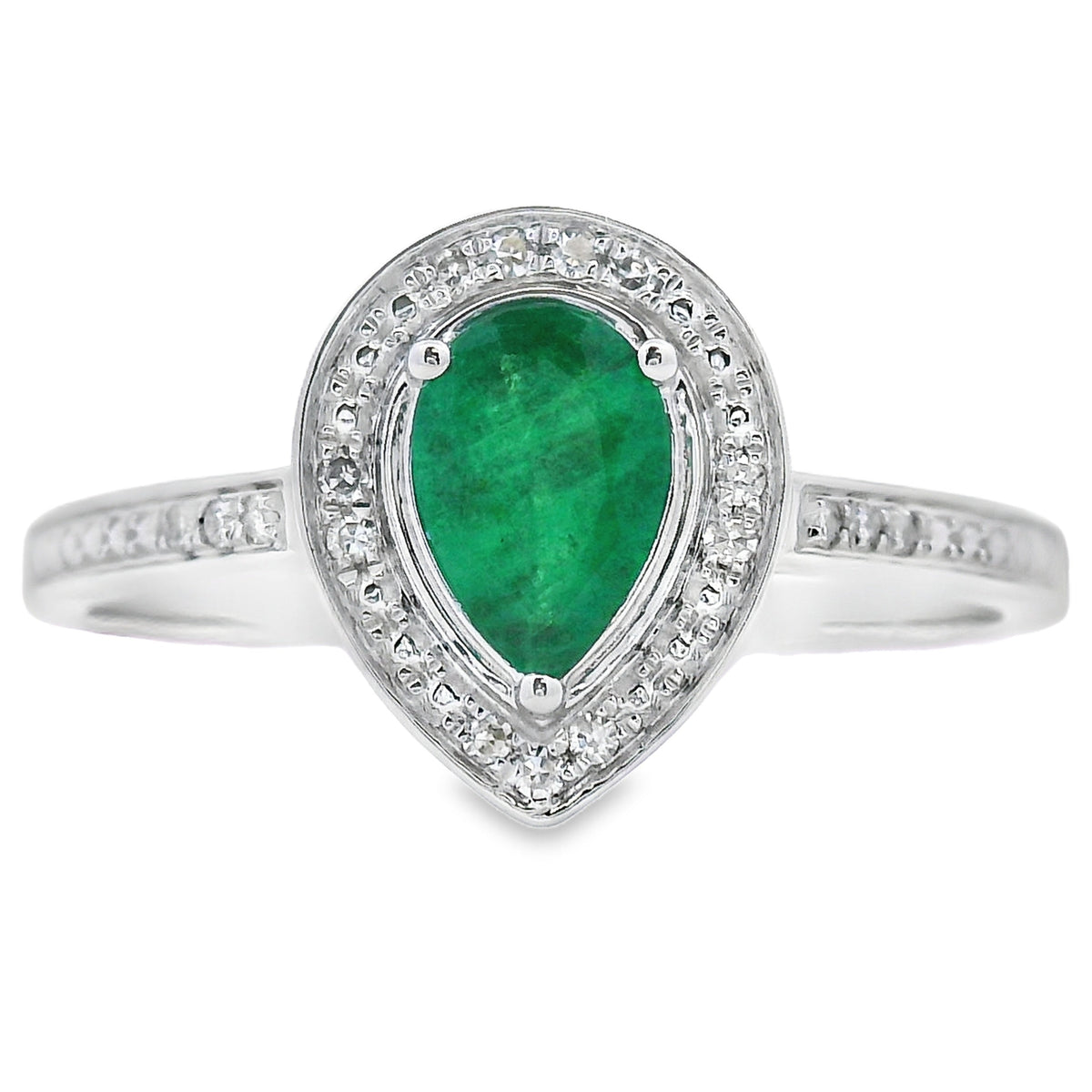 Anillo de diamantes con esmeraldas genuinas de 0,42 qt en oro blanco de 10 kt