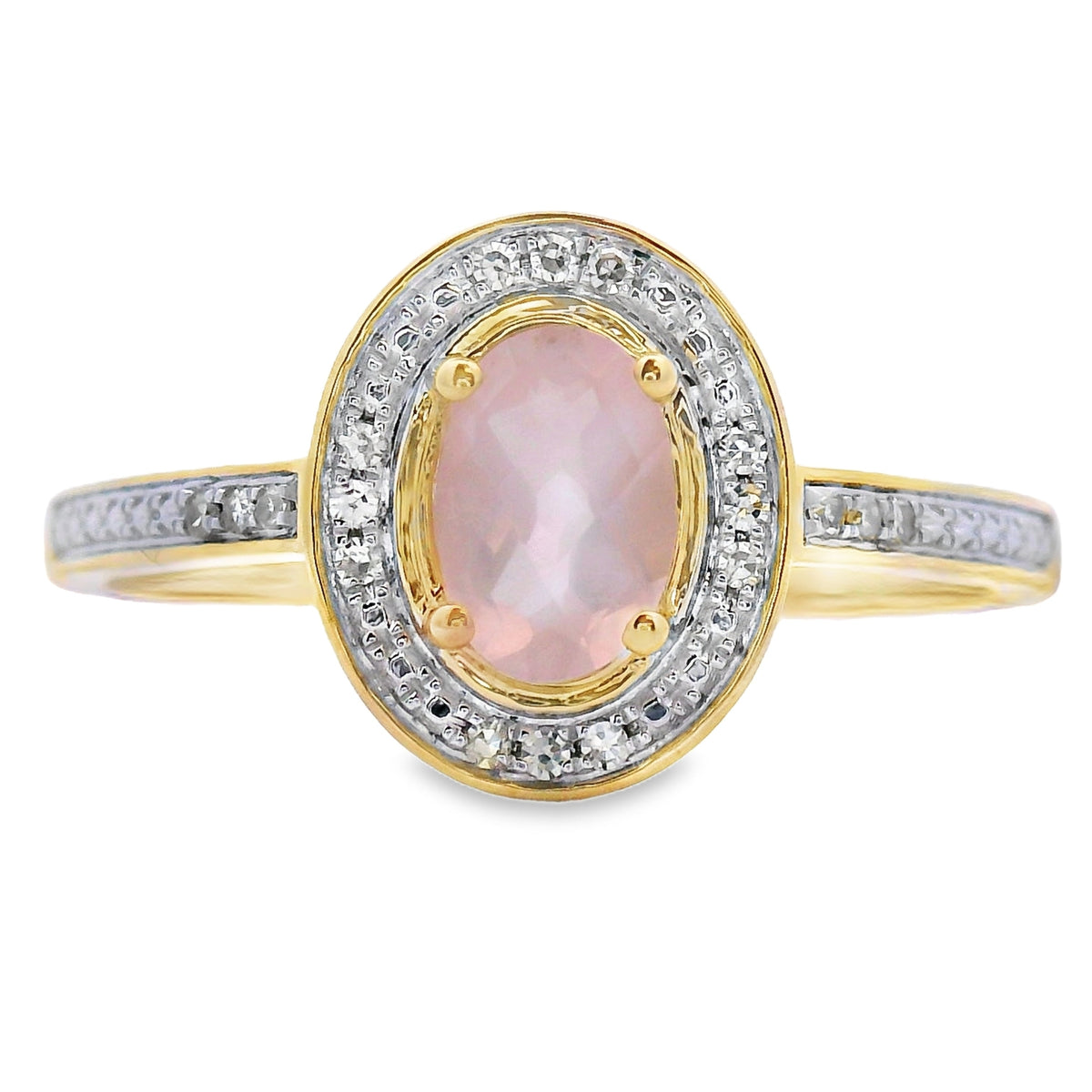Anillo de oro amarillo de 10 qt con cuarzo rosa y diamante auténticos de 0,53 ct