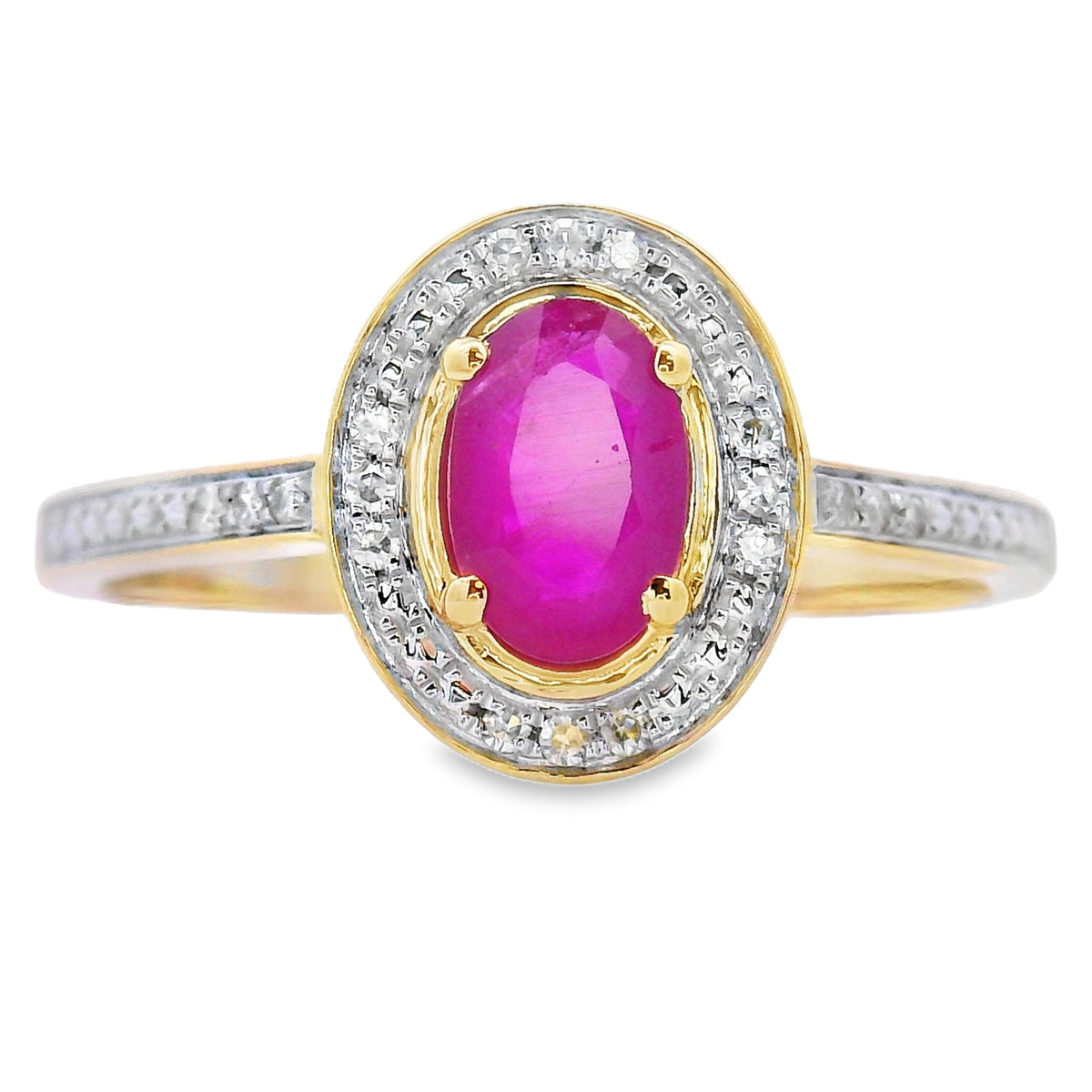 Anillo de oro amarillo de 10 kt con rubí de 0,67 qt y diamante natural