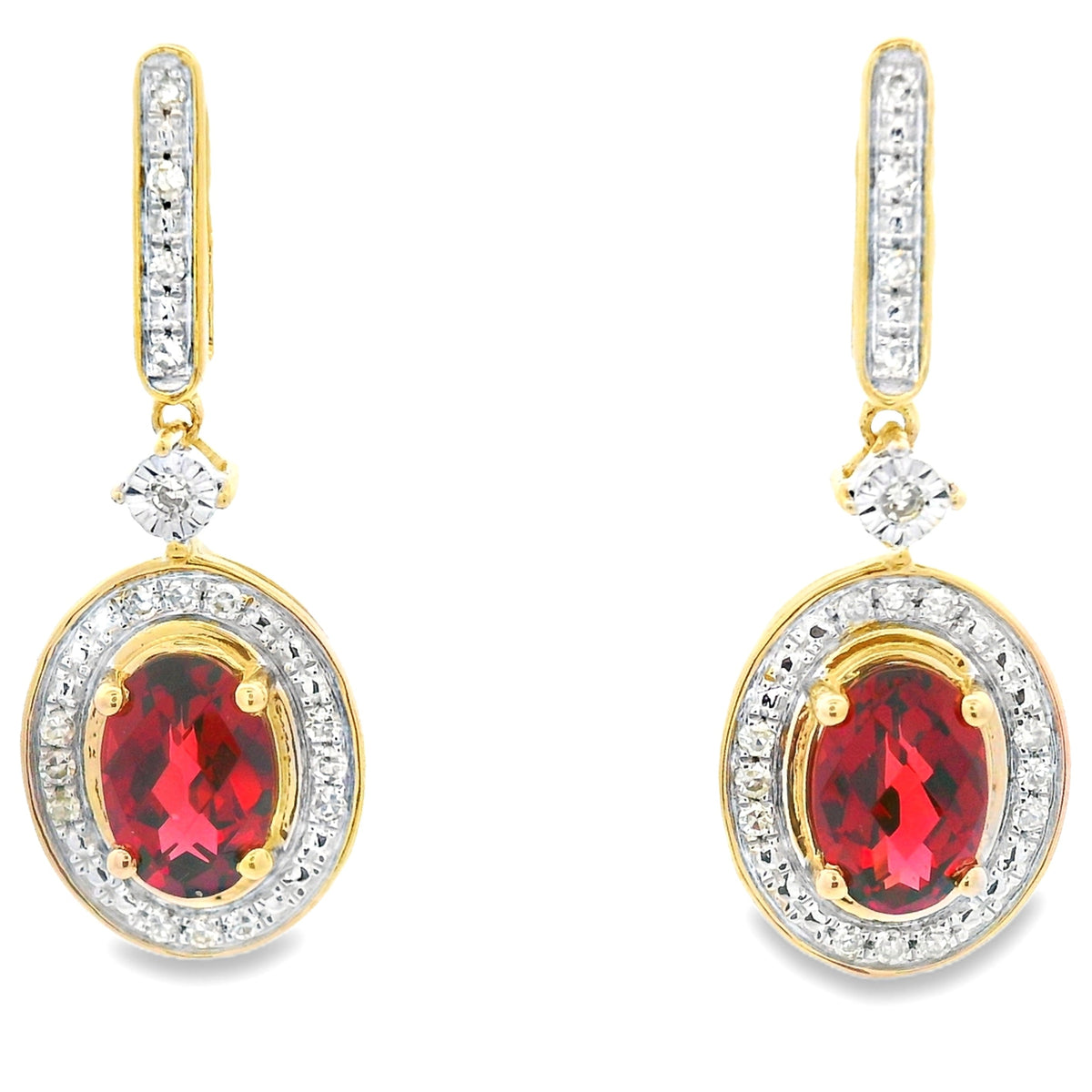 Pendientes colgantes de granate y diamante de 1,20 ct en oro amarillo de 10 kt