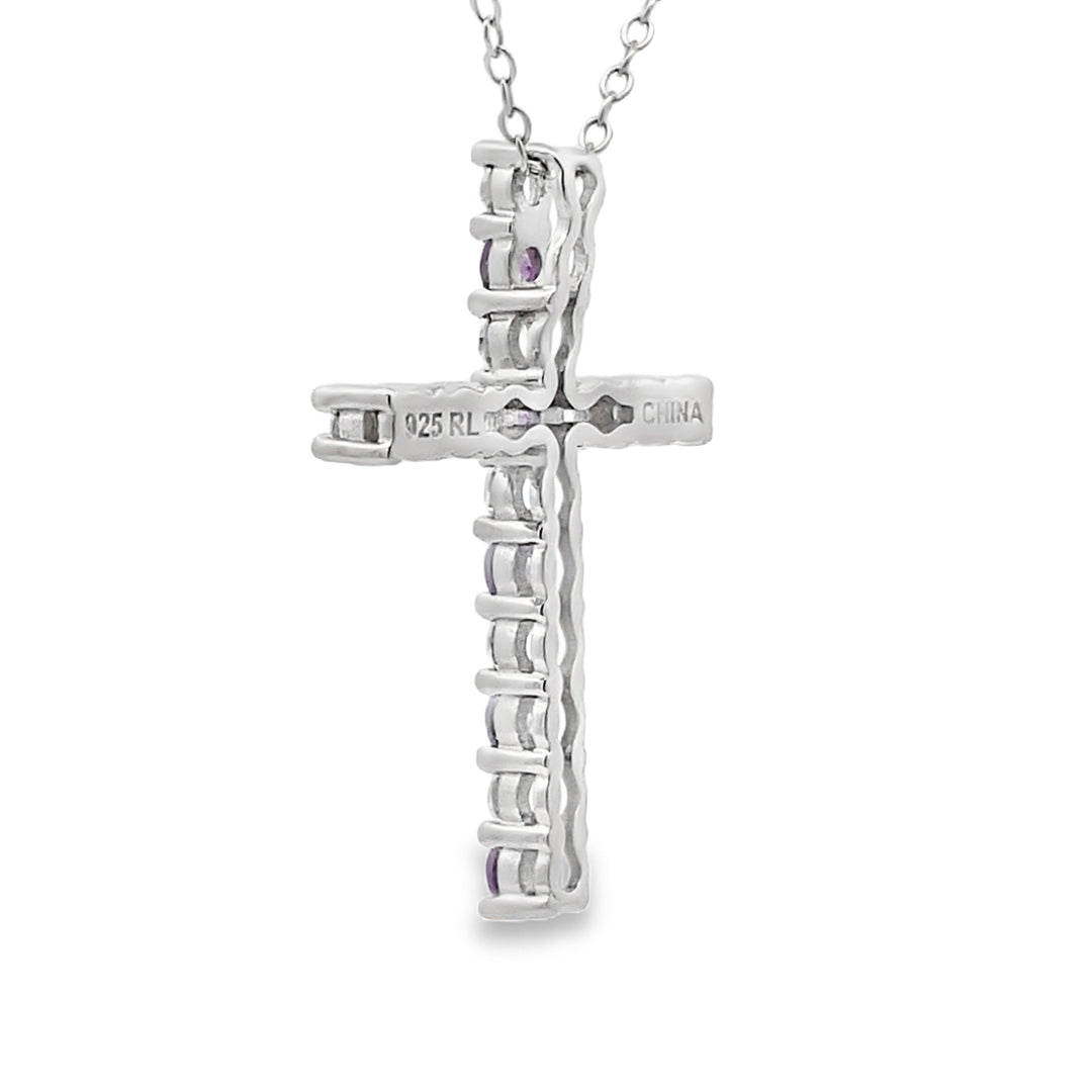 Colgante de cruz religiosa de amatista de .50 ct de plata de ley