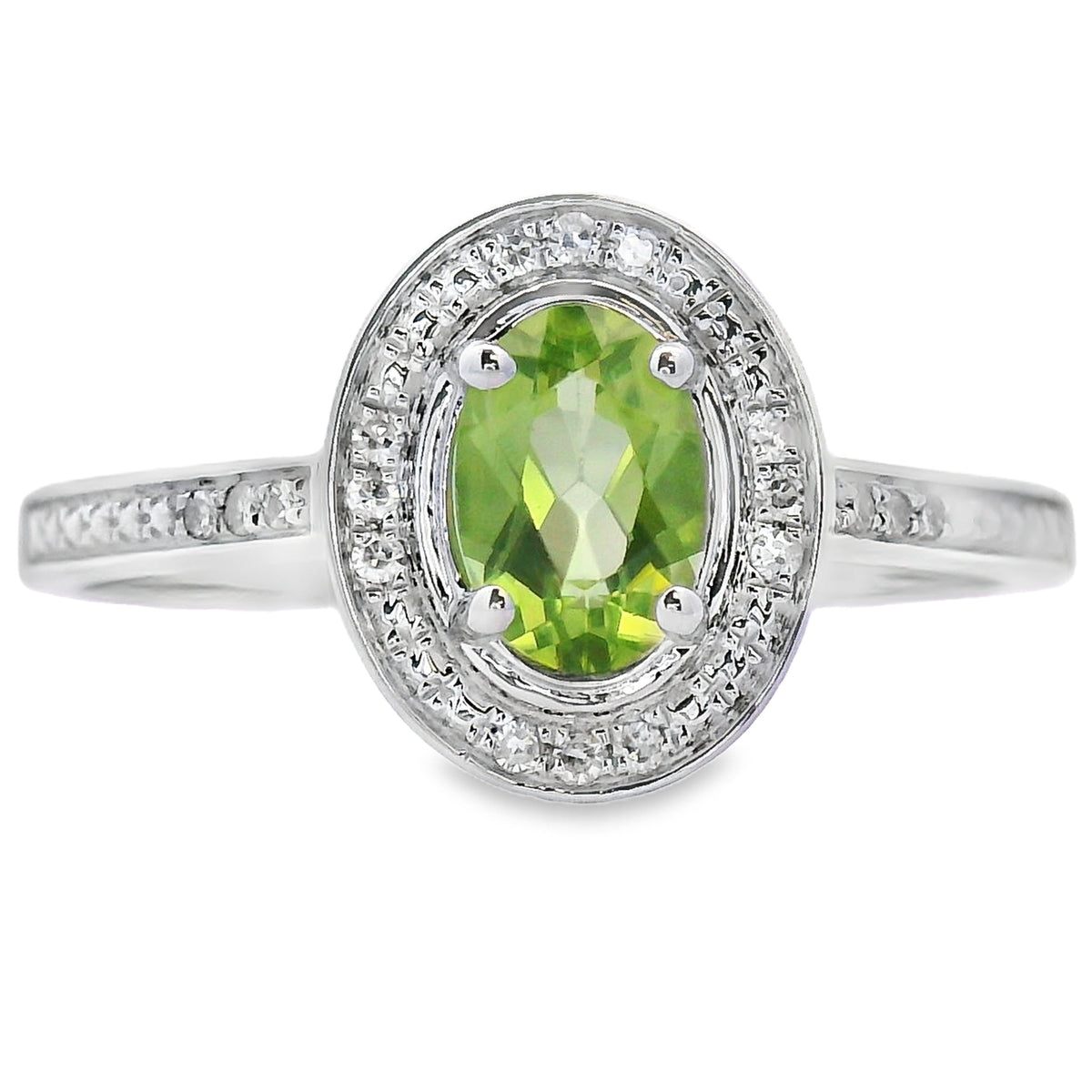 Anillo de peridoto y diamante natural de 0,54 ct en oro blanco de 10 kt
