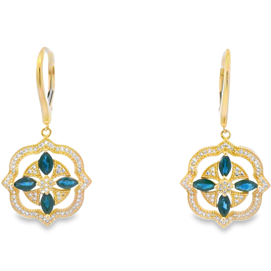 Aretes colgantes de zafiro y diamante en oro amarillo de 14 kt