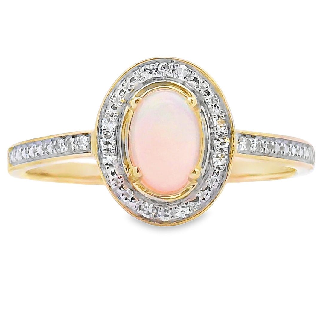 Auténtico anillo de oro amarillo de 10 qt con ópalo y diamantes de 0,36 ct