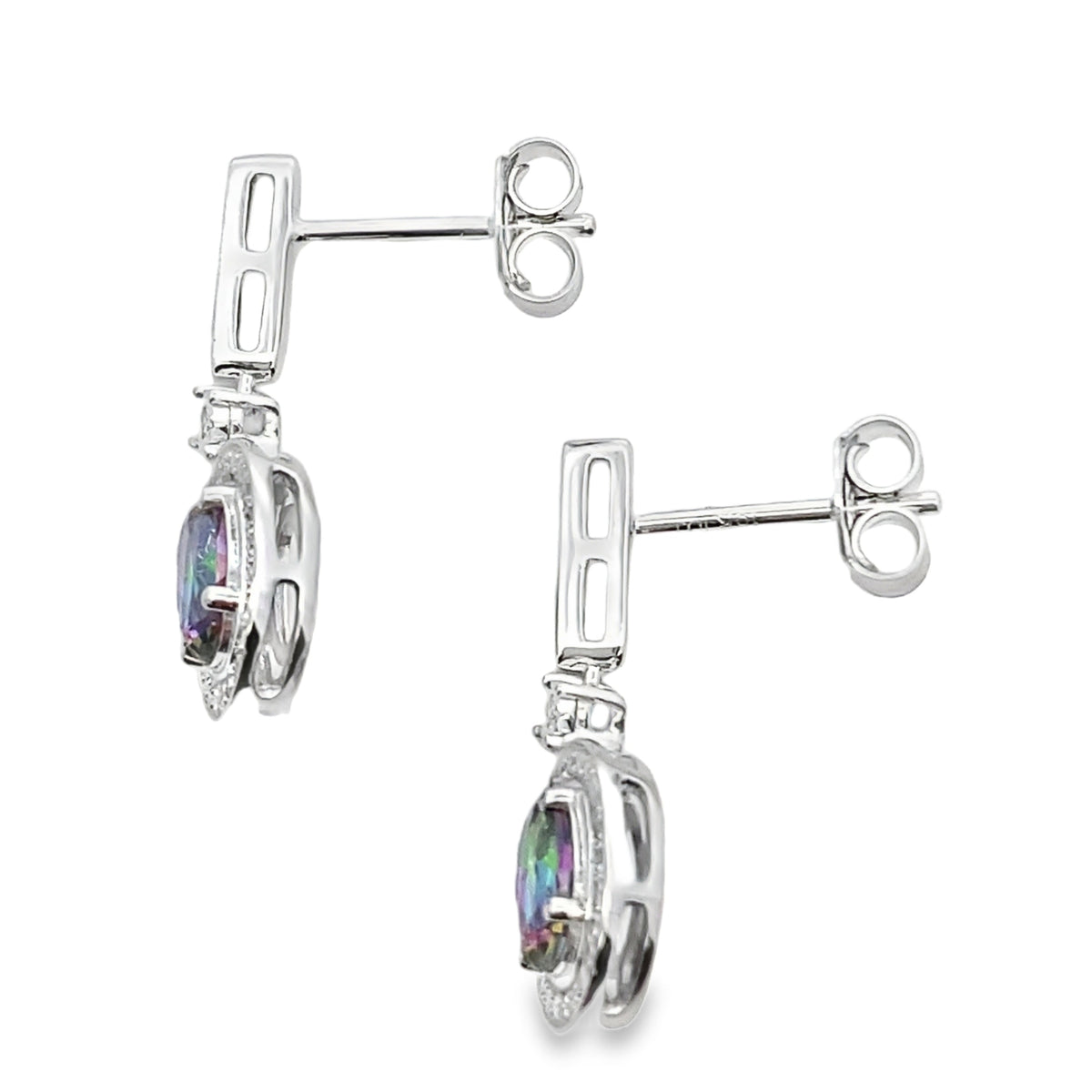 Aretes colgantes de topacio fuego místico en oro blanco de 10 quilates