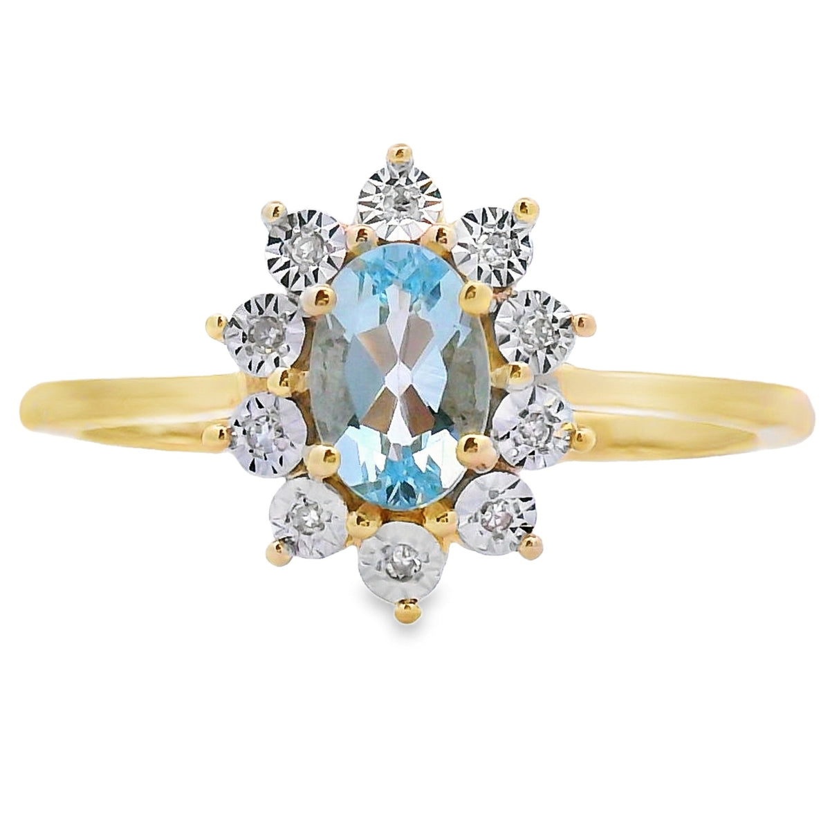 Auténtico anillo de aguamarina y diamantes de .43 ct en oro amarillo de 10 kt