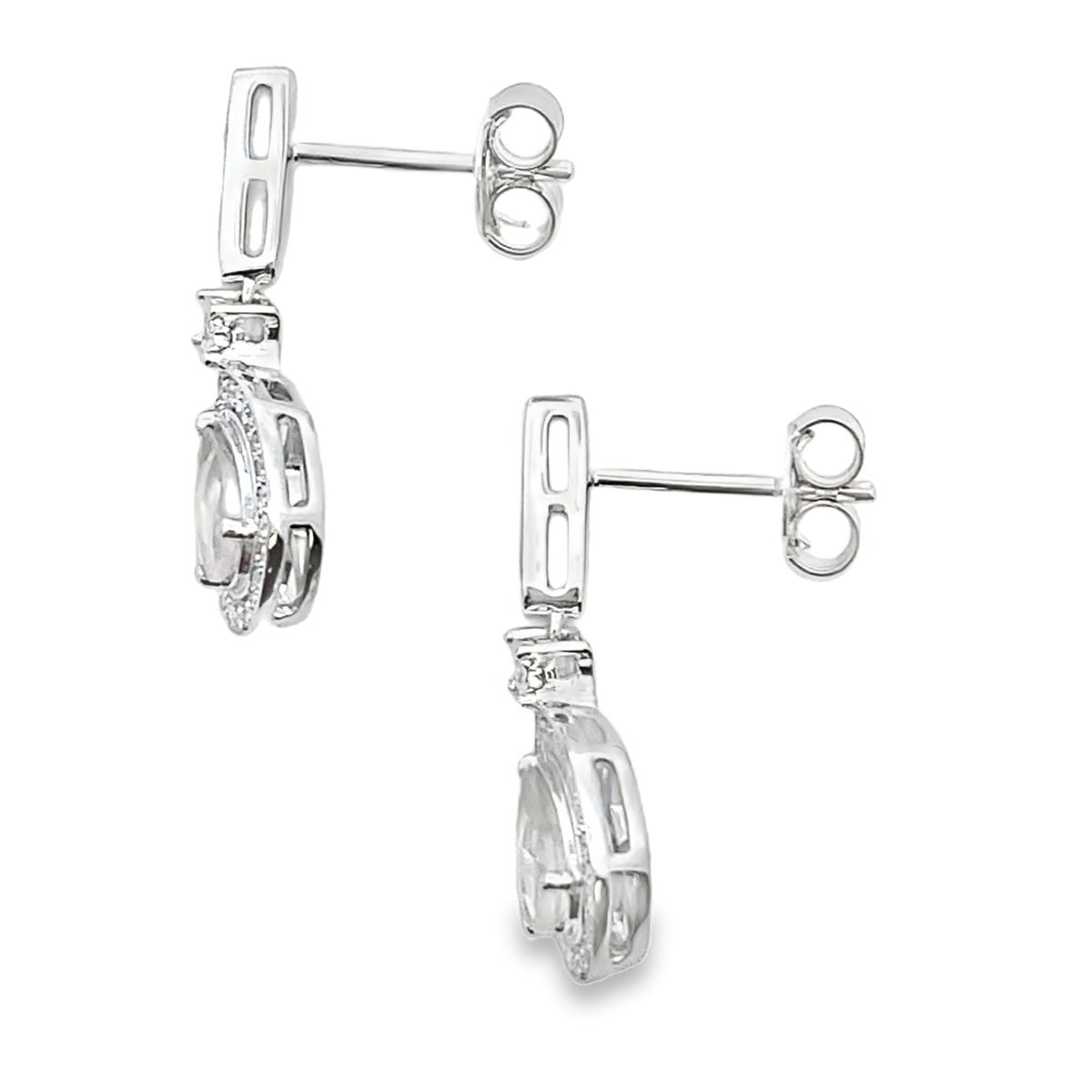 Aretes Colgantes de Cuarzo Rosa y Oro Blanco de 10KT