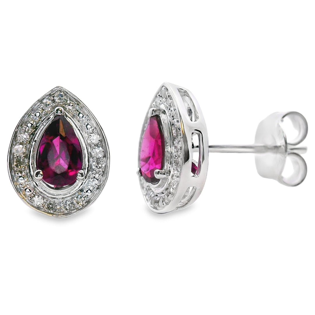 Rhodolite Garnet Diamond Stud Earrings 10KT White Gold