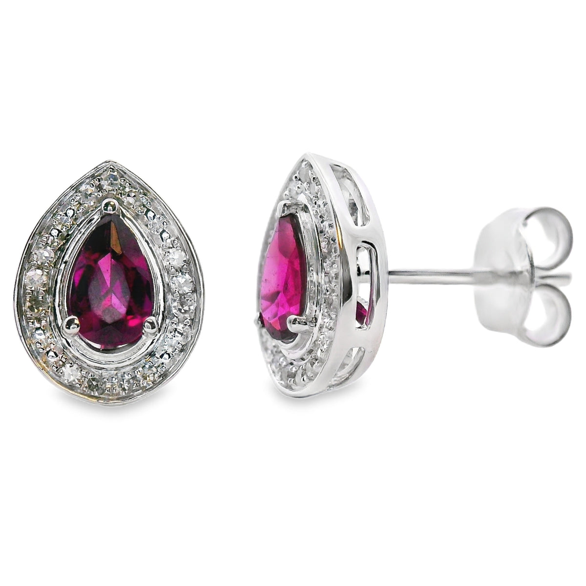 Pendientes de rodolita granate y diamantes de oro blanco de 10 quilates