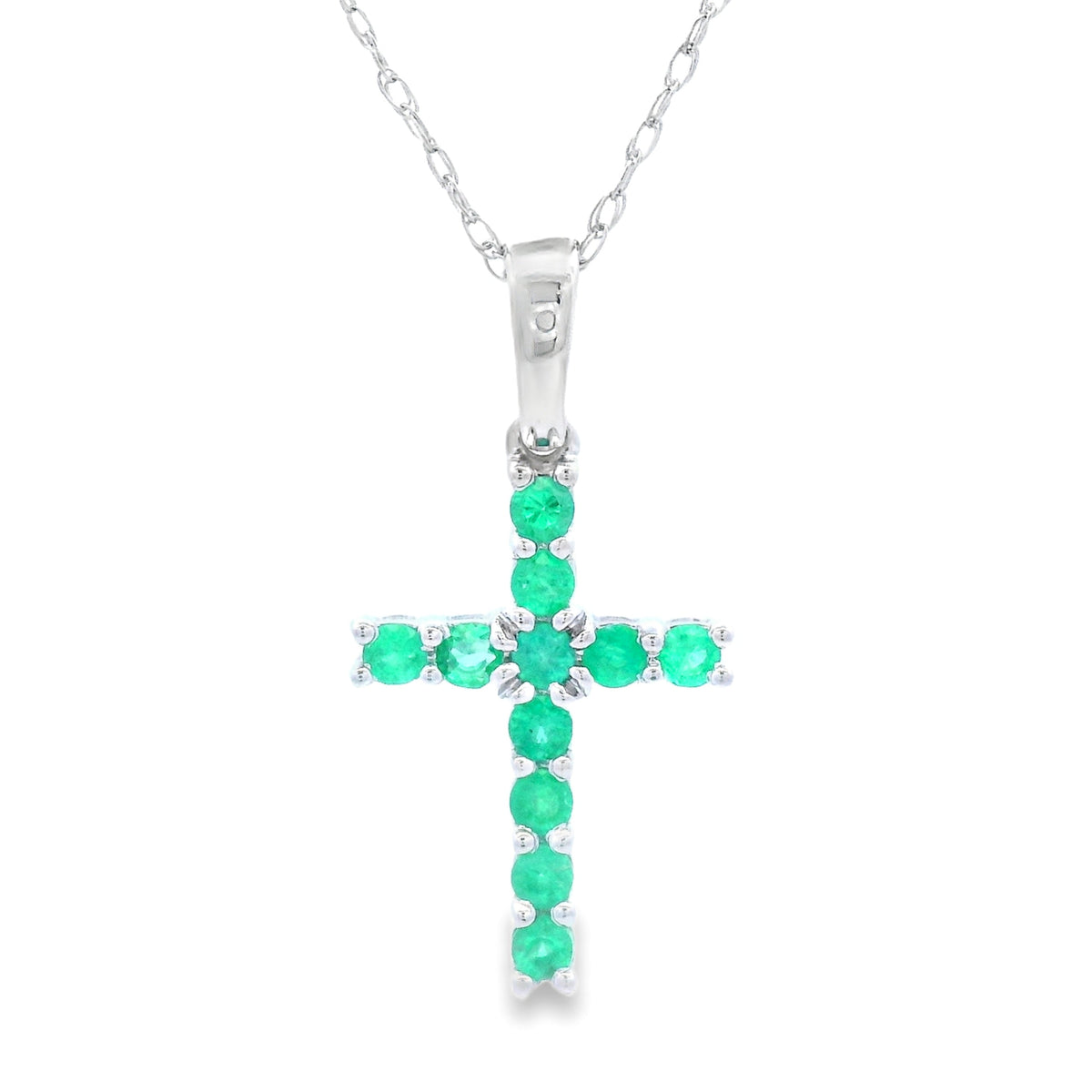 Colgante religioso de cruz con esmeralda de 0,20 ct en oro blanco de 14 K