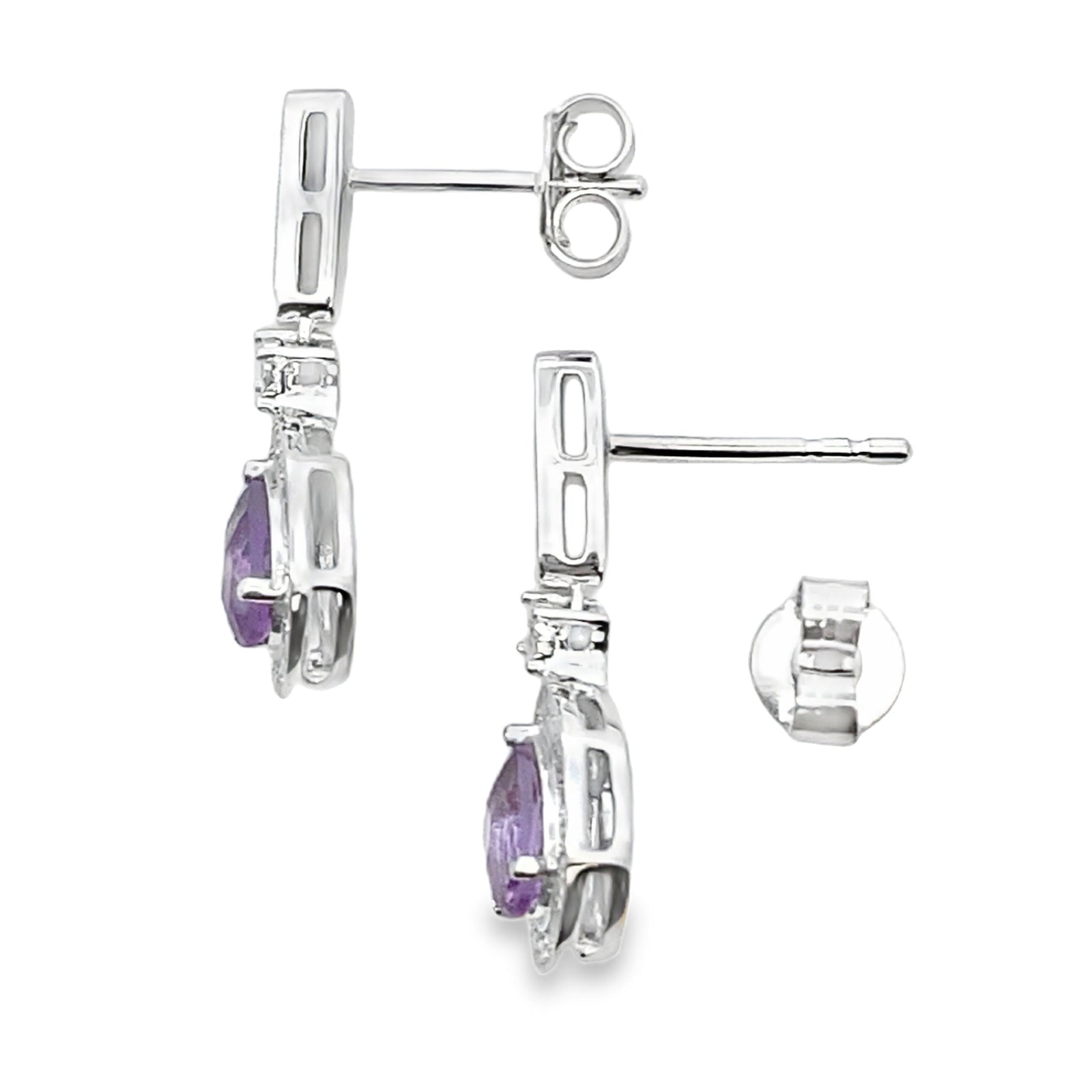 Pendientes colgantes de amatista y diamante de .88ct en oro blanco de 10 kt