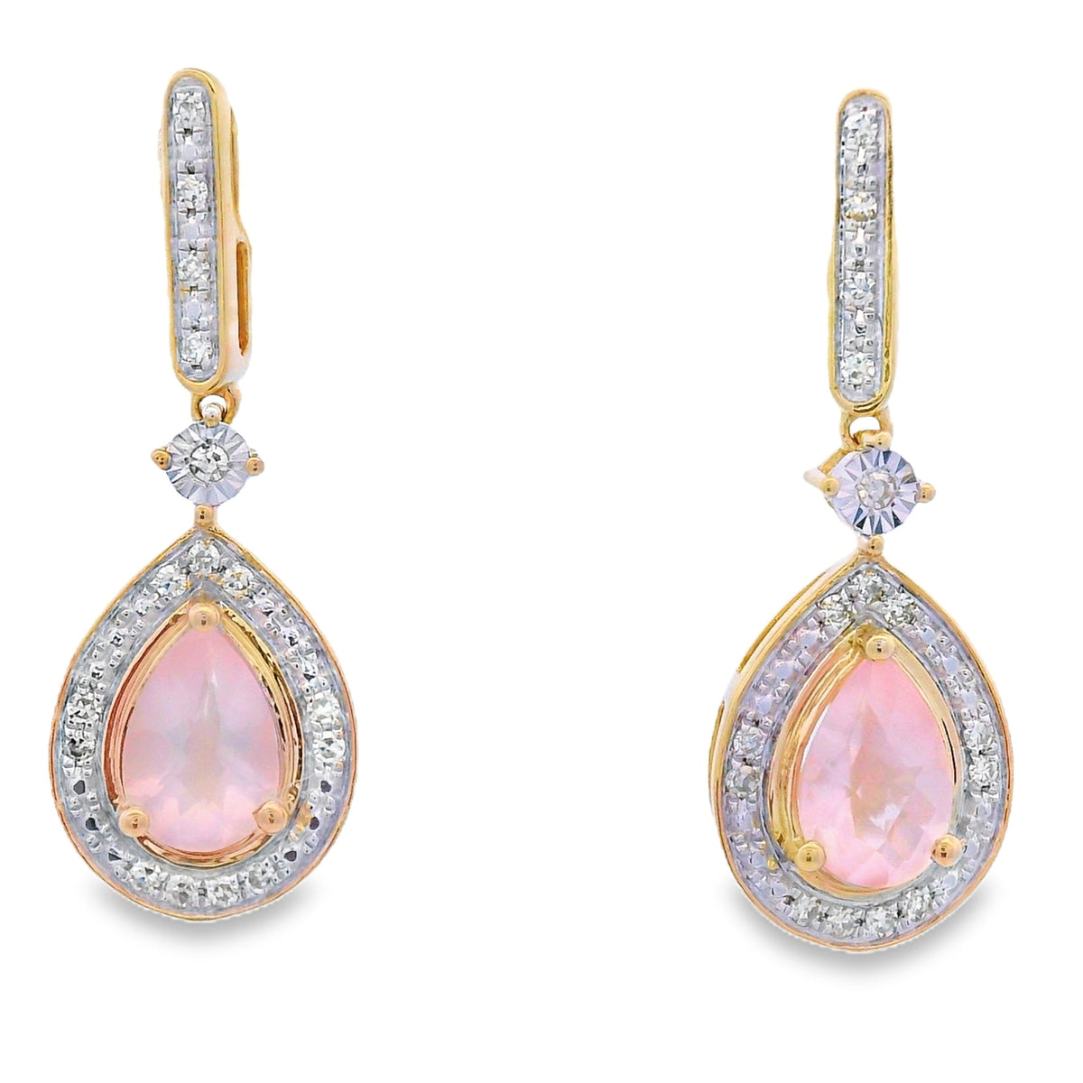 Pendientes Colgantes de Cuarzo Rosa y Diamantes Oro Amarillo de 10KT