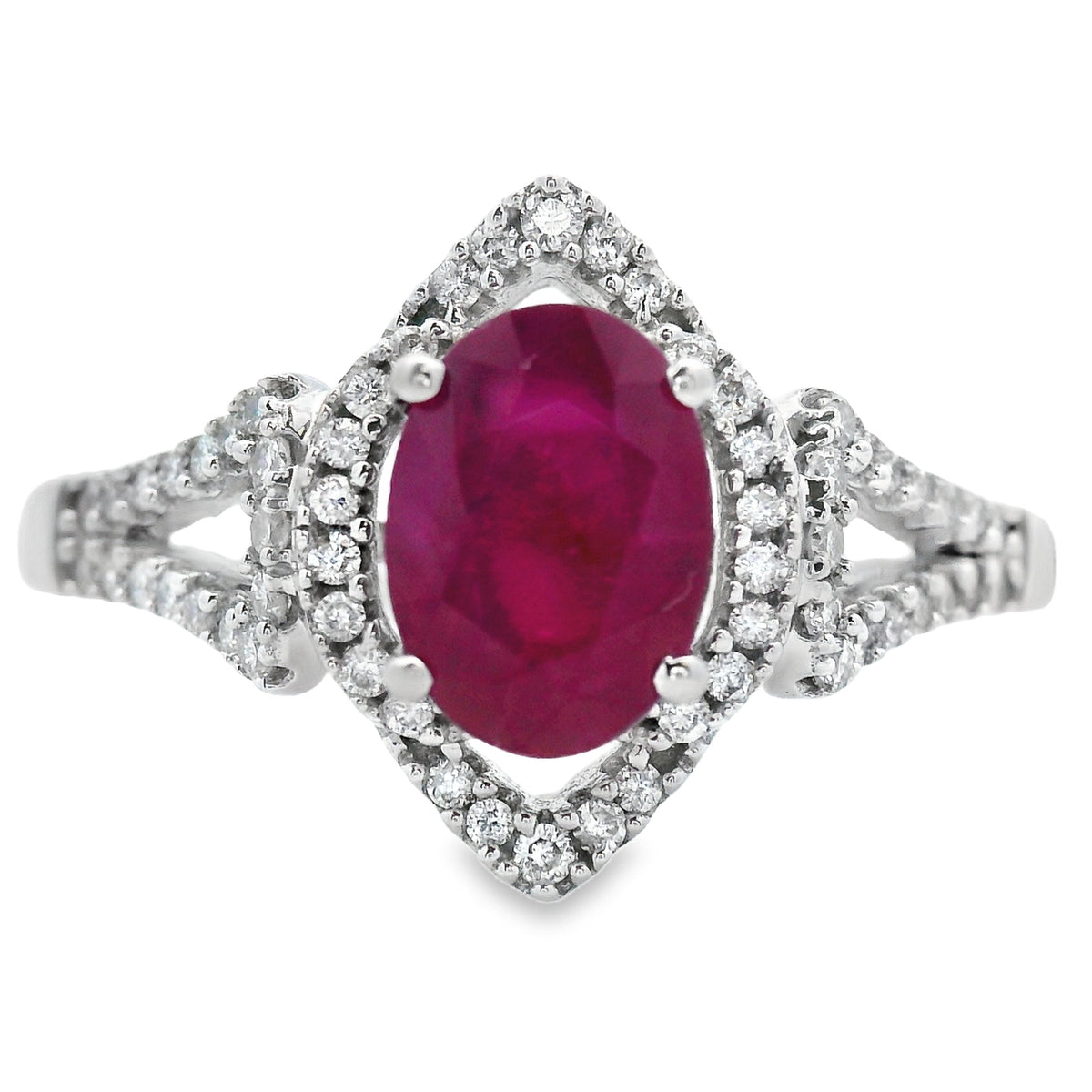 Anillo de oro blanco de 14 qt con rubí natural de 1.26 ct y diamantes