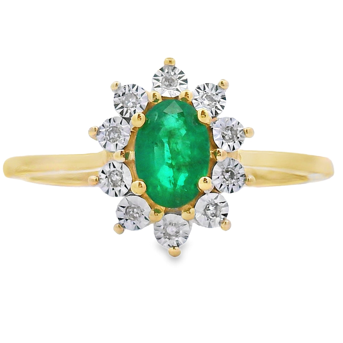 Anillo de oro amarillo de 10 quilates con esmeralda de 0,43 ct y diamante auténticos