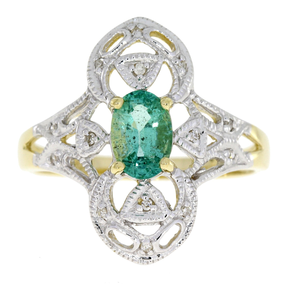 Anillo de oro amarillo de 10 qt con esmeralda y diamantes naturales de 0,70 ct