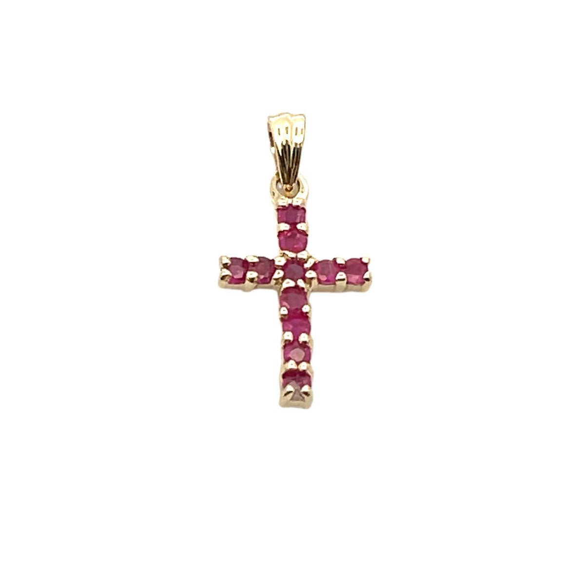 Colgante religioso de cruz con rubí de 0,21 ct en oro amarillo de 10 kt