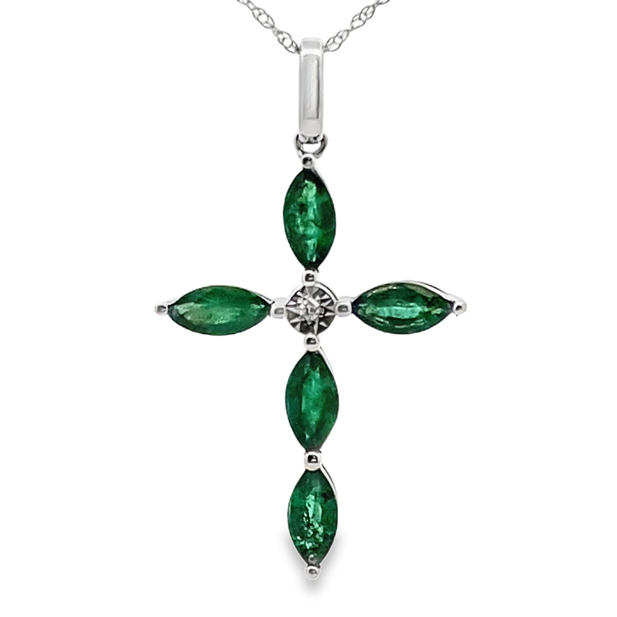 Emerald Diamond Cross Religious Pendant 10KT White Gold