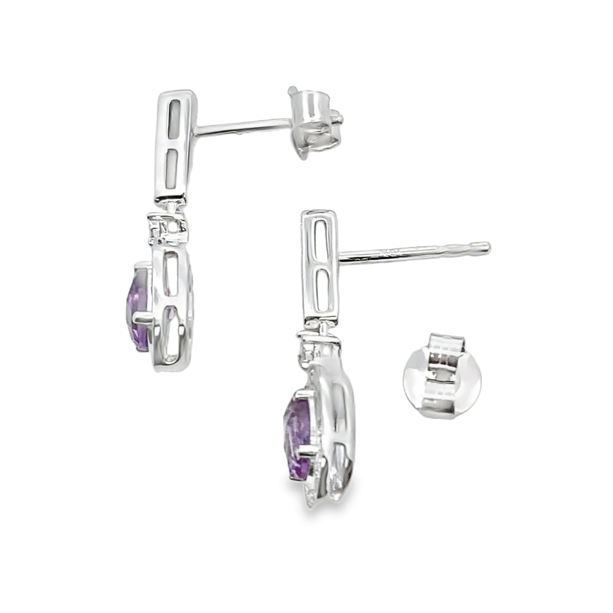 Pendientes colgantes de amatista y diamante de .93 ct en oro blanco de 10 kt