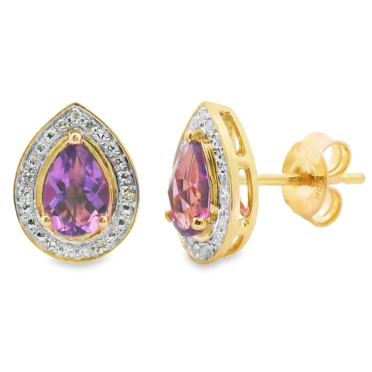 Pendientes colgantes de amatista y diamante de 0,90 qt en oro amarillo de 10 kt