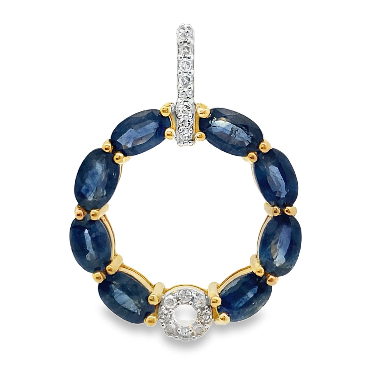 Colgantes de moda de zafiro y diamantes de oro amarillo de 14 quilates