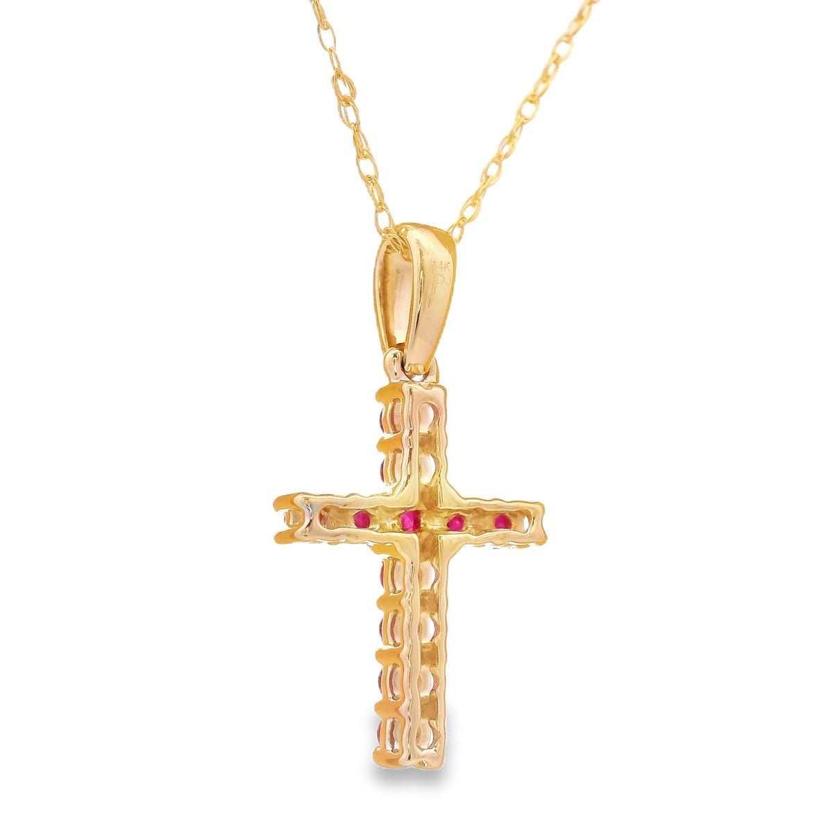Colgante religioso de cruz con rubí de 0.29ct en oro amarillo de 14KT