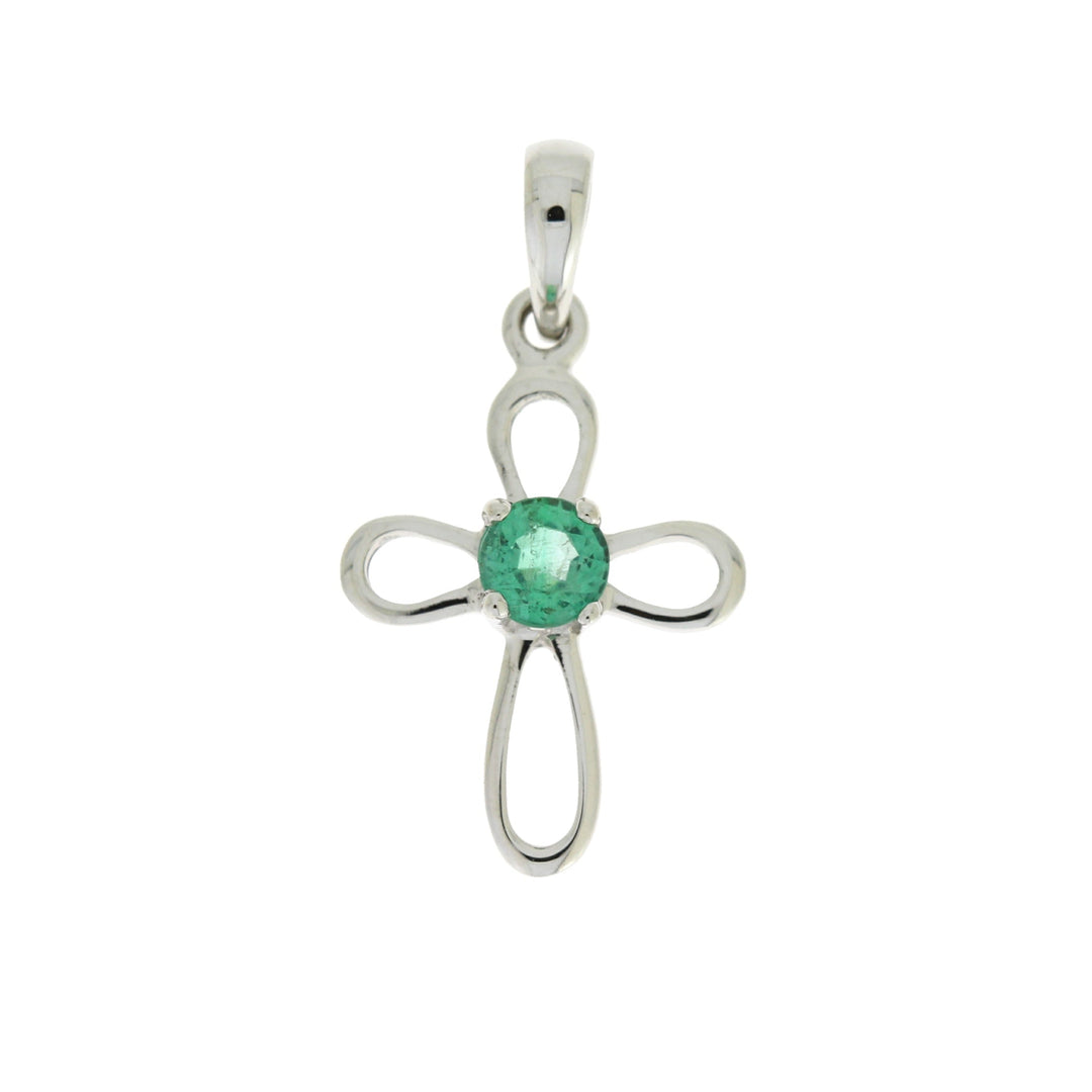 Colgante religioso de cruz con esmeralda de .19ct en oro blanco de 10KT