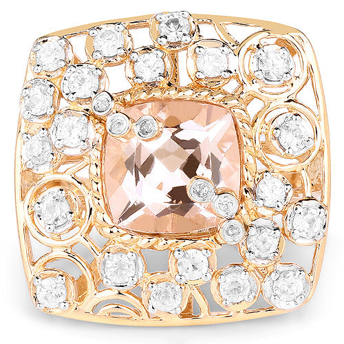Anillo de plata de ley .925 chapado en oro amarillo de 14 quilates con morganita sintética de 3,33 quilates y topacio blanco