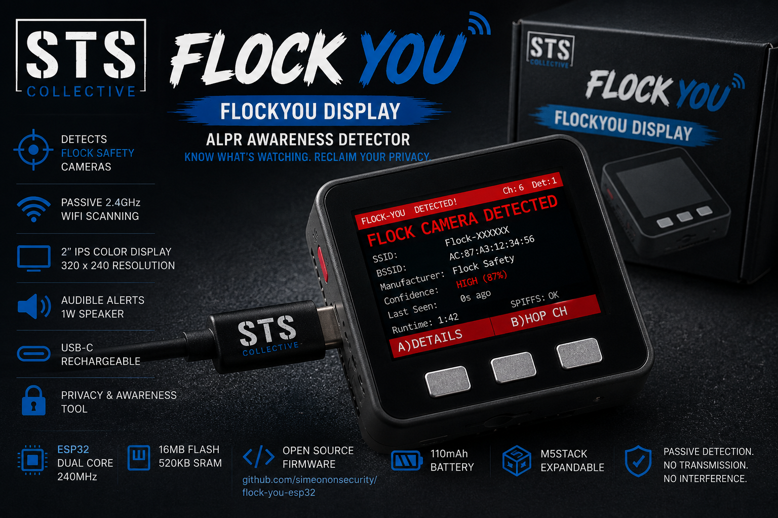 FlockYou Display | ALPR Awareness Detector with 2” IPS Screen